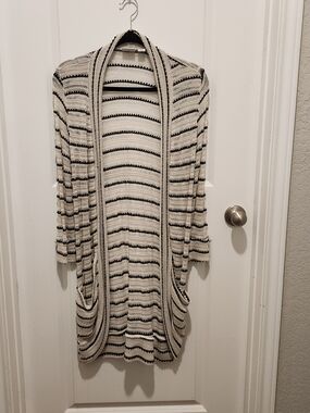 Cato Striped Open-Front Long Cardigan Sweater - Cream/Black Size Large